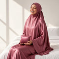 Qanitoon dusty rose satin prayer set for women with khimar and long skirt