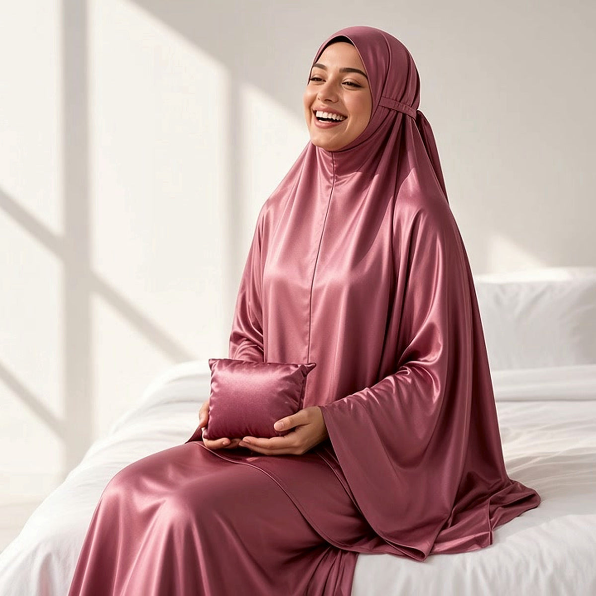 Qanitoon dusty rose satin prayer set for women with khimar and long skirt